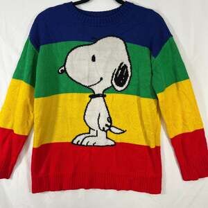 Peanuts Snoopy Rainbow Stripe Crew Neck Sweater